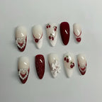Hadi Craft USA Wine Red Almond Press-On Nails with Rabbit & Bow Design 24 Pieces, plastic cherry style 3D pearl nail set