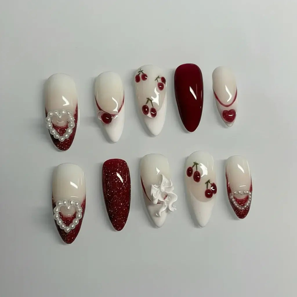 Hadi Craft USA Wine Red Almond Press-On Nails with Rabbit & Bow Design 24 Pieces, plastic cherry style 3D pearl nail set