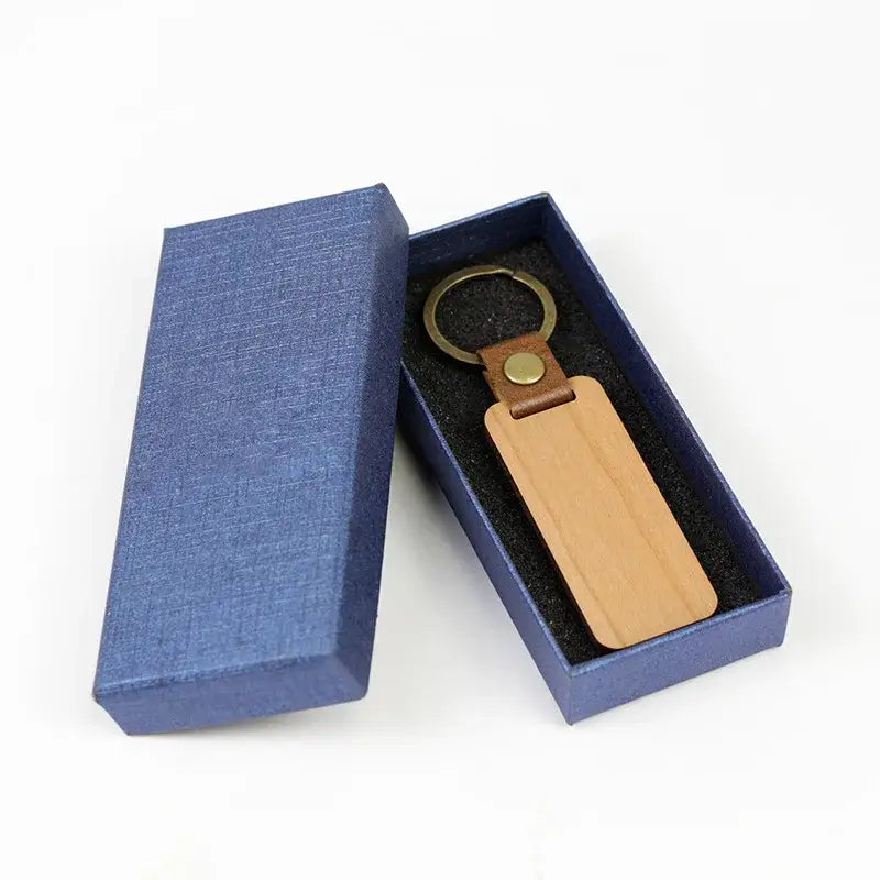 Alt Tag: Custom engraved Wooden Keychain in blue box by Hadi Craft USA, PU leather wooden keychain, personalized engraved handmade keychain