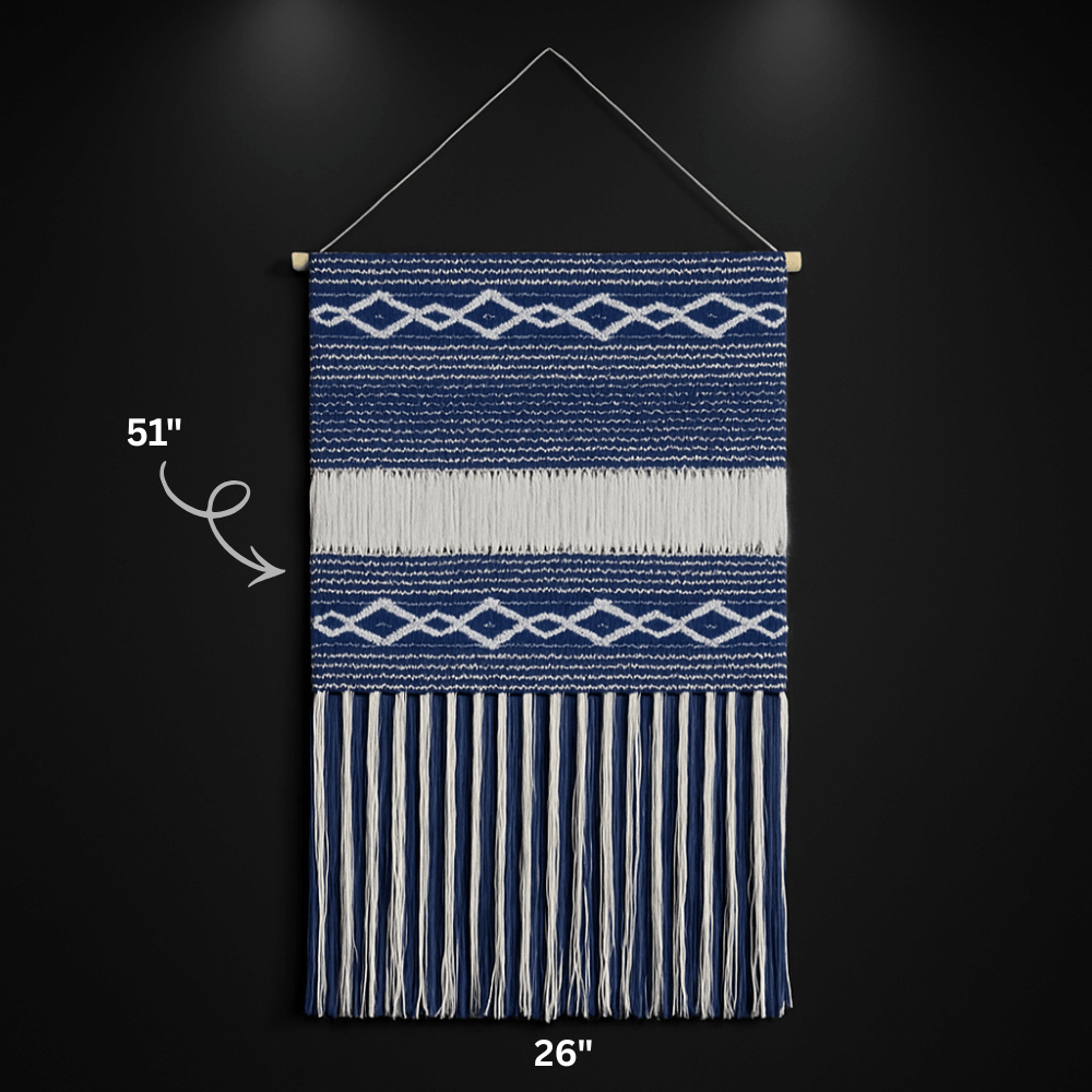 Denim Blue & White Macrame Tapestry, Geometric Woven Wall Hanging,