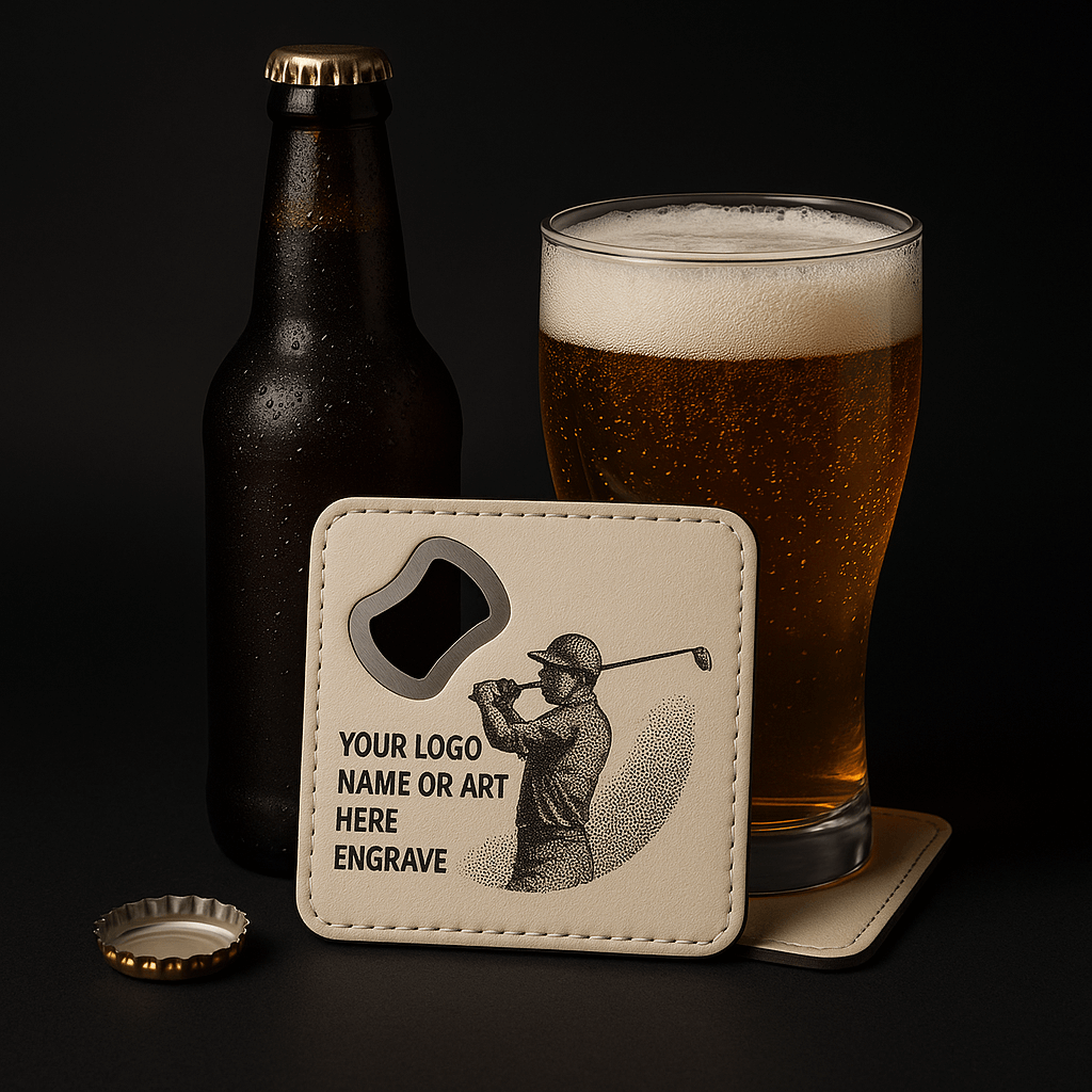Leather Coaster and Bottle Opener with customize Engraving -  Coaster