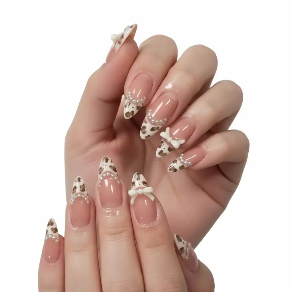 Leopard Print French Almond Press-On Nails with Bow & Pearl by Hadi Craft USA, nude long almond style, ABS nail art