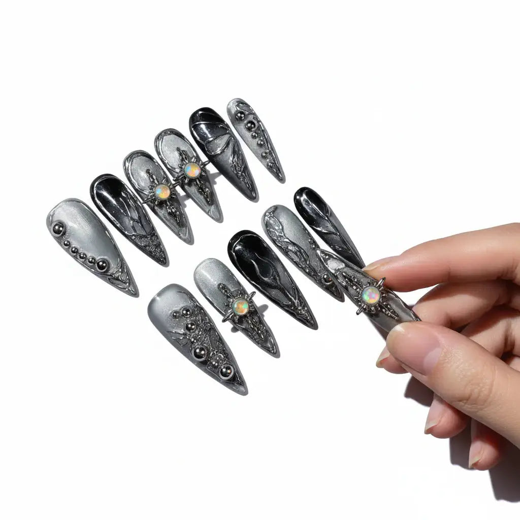 Metallic silver press on nails Handmade Fake Nails 10 Pieces set