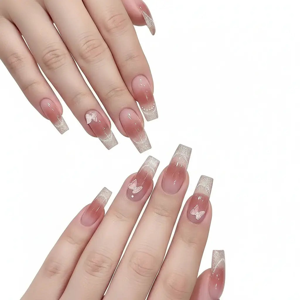 Pink Butterfly Cat-Eye Handmade Press-On Nails for Weddings by Hadi Craft USA, resin DIY false nails, pink ombre butterfly nail art