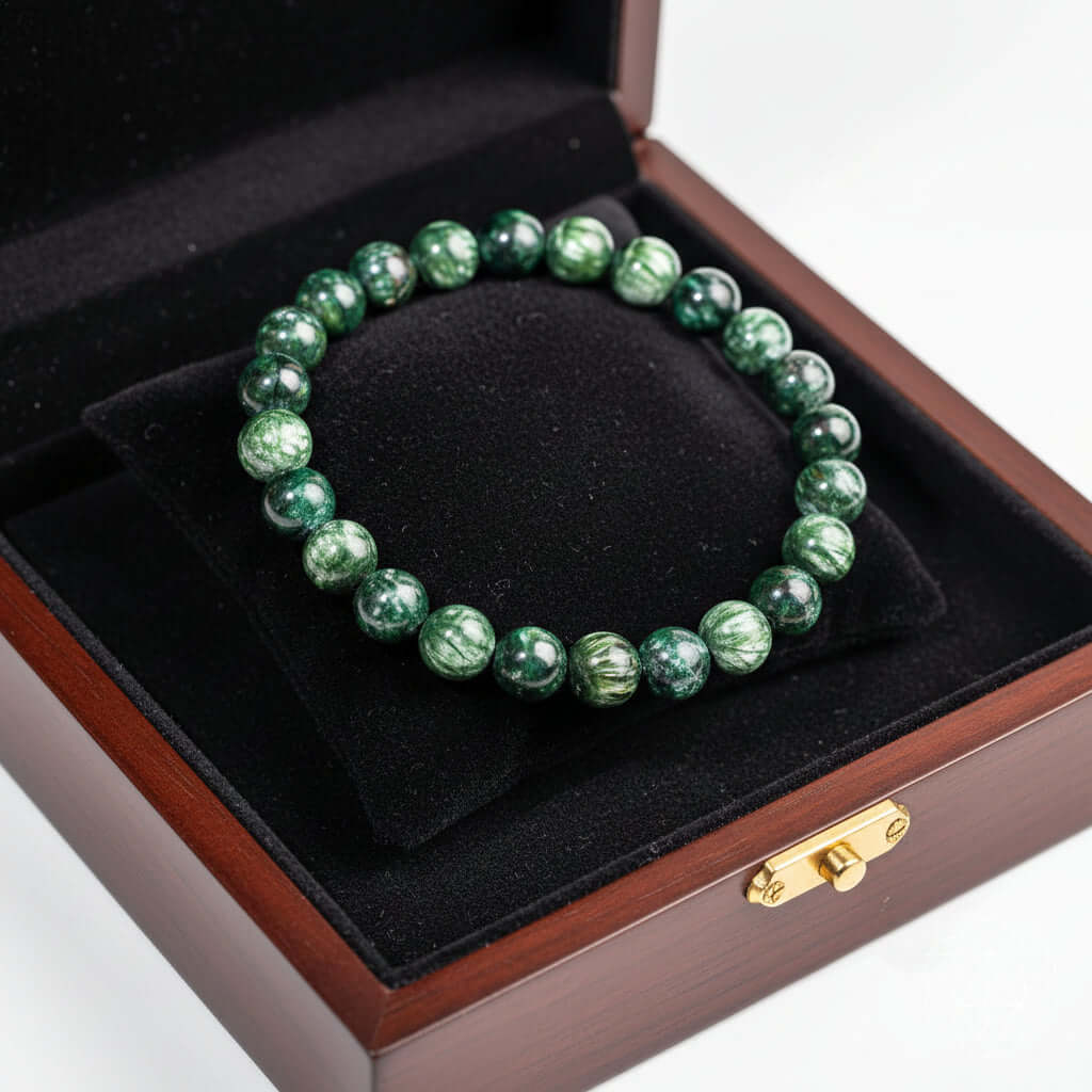 Angel Energy – Rare Seraphinite Bracelet of Transformation by Hadi Craft USA, green beaded gemstone bracelet, handmade jewelry