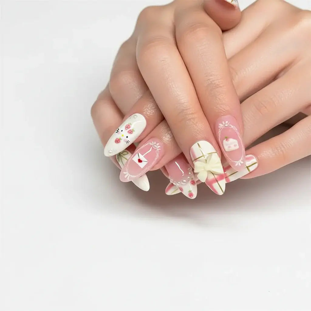 Alt Tag: Hadi Craft USA Wine Red Almond Press-On Nails with Rabbit & Bow Design 24 Pieces, cute rabbit pattern, handmade press-on nails, DIY nails