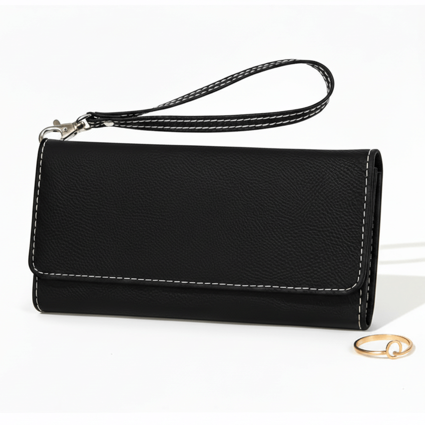 Hadi Craft USA 7 1/2" x 4" Laserable Leatherette Wallet with Strap – RFID Protected & Personalized, black leather wallet, personalized engraved