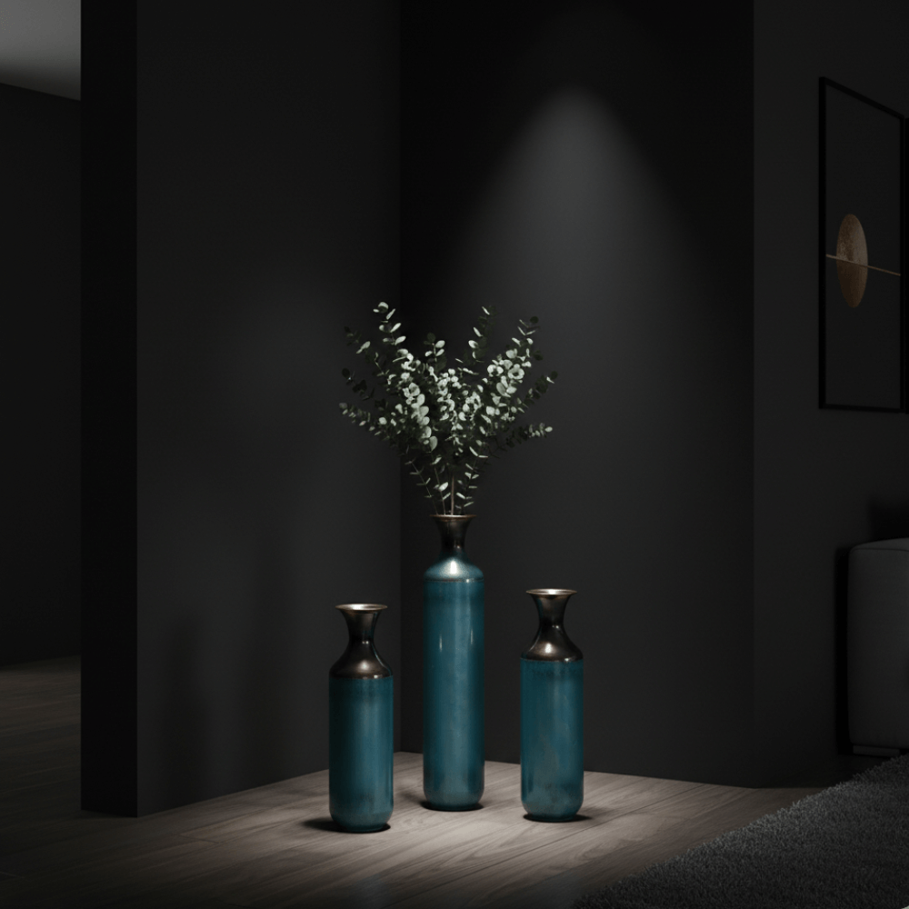 Luxury Aqua Blue Metal Floor Vase Set of 3 for Modern Home Decor
