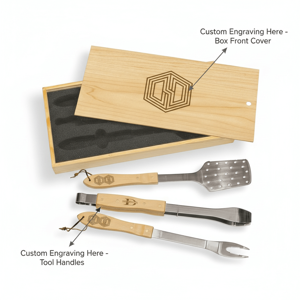 personalized bbq tool set in wooden box with Custom Engraving - Hadi Craft