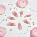 Pink Butterfly Cat-Eye Handmade Press-On Nails for Weddings by Hadi Craft USA, pink ombré resin bridal nails with pearls and butterflies