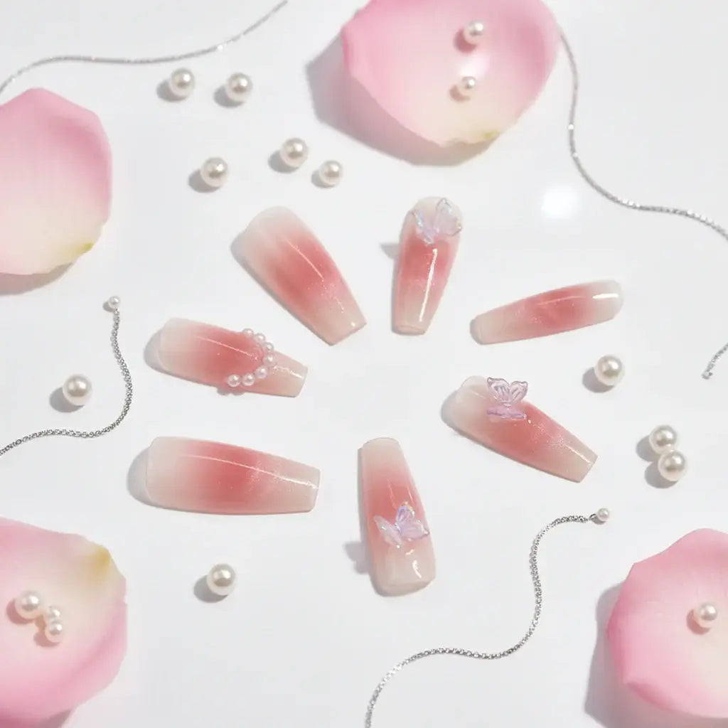 Pink Butterfly Cat-Eye Handmade Press-On Nails for Weddings by Hadi Craft USA, pink ombré resin bridal nails with pearls and butterflies