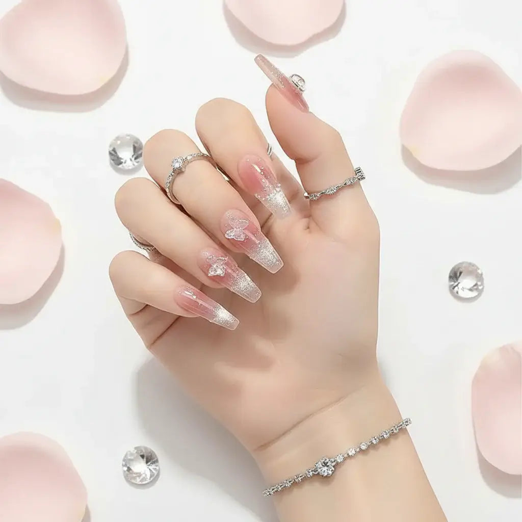 Hadi Craft USA Pink Butterfly Cat-Eye Handmade Press-On Nails for Weddings, resin nails, handmade nail art, DIY press-on set