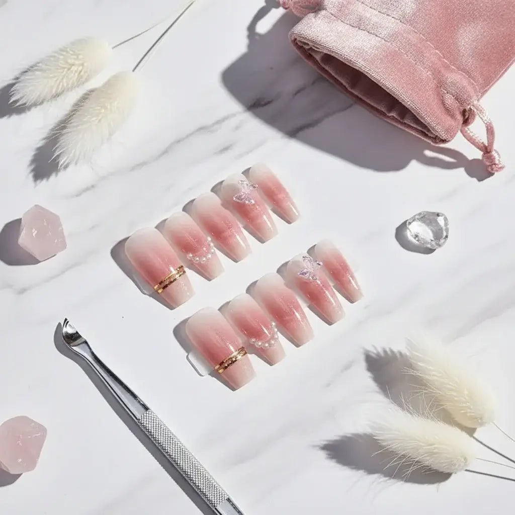 Hadi Craft USA Pink Butterfly Cat-Eye Handmade Press-On Nails for Weddings, resin nails, handmade nail art, DIY press-on set