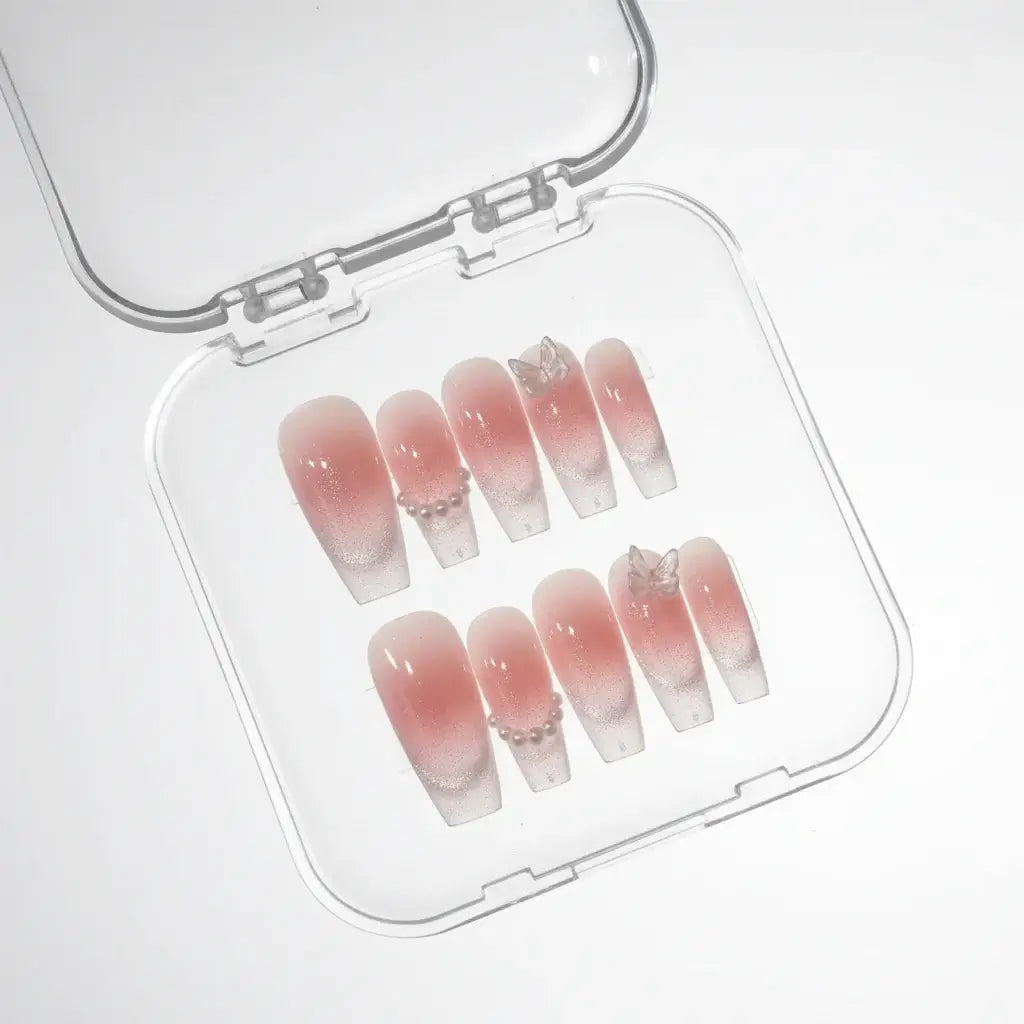 Pink Butterfly Cat-Eye Handmade Press-On Nails for Weddings by Hadi Craft USA, resin DIY ombre bridal nails, handmade press-on set