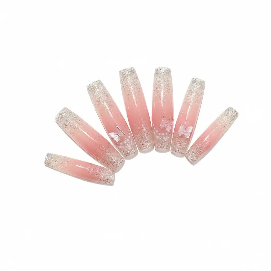 Hadi Craft USA Pink Butterfly Cat-Eye Handmade Press-On Nails for Weddings, resin press-on nails, handmade nail art