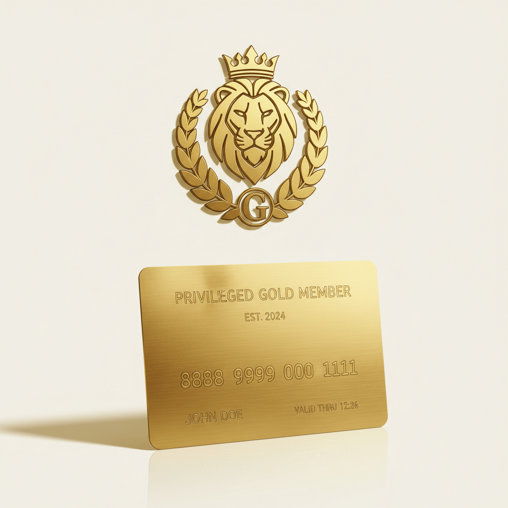 A high-end Gold Membership product image, luxury branding style, rich metallic gold color palette, premium membership card or emblem, glossy finish, soft studio lighting, subtle shadows, modern professional design, exclusive subscription feel, clean background, upscale e-commerce product presentation, sharp details, elegant and powerful look, 1024x1024