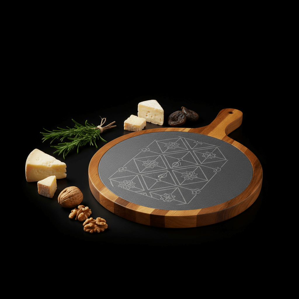 Round Acacia Wood Slate Serving Board with Personalized Engraving and Handle size 10 1/2 x 14 1/2