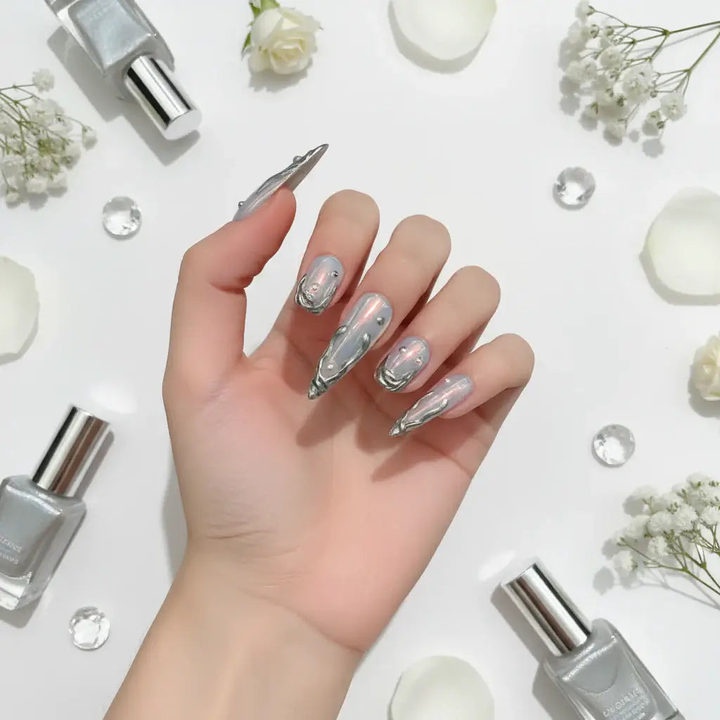Silver Aurora Long Stiletto Fake Nails Metal Edge Design Punk Style Handmade
