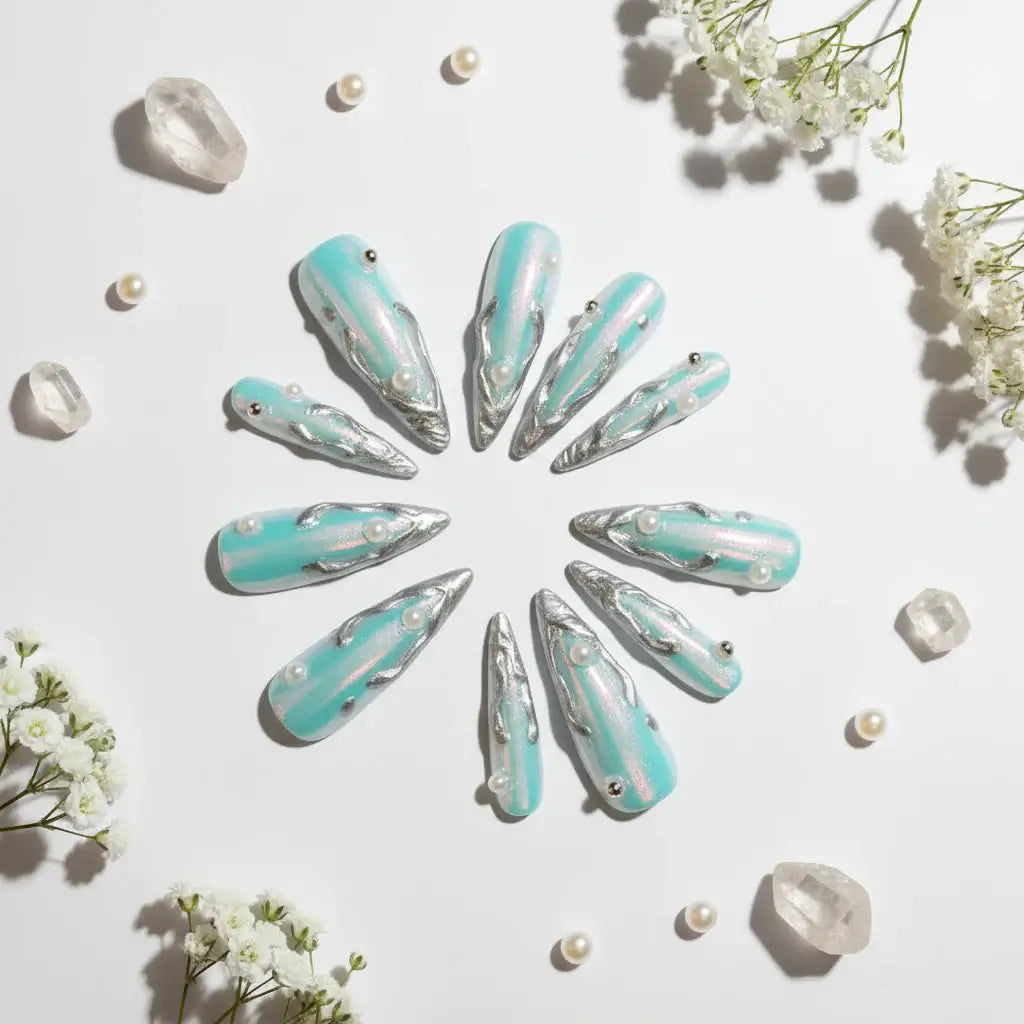 Silver Aurora Long Stiletto Fake Nails Metal Edge Design Punk Style Handmade