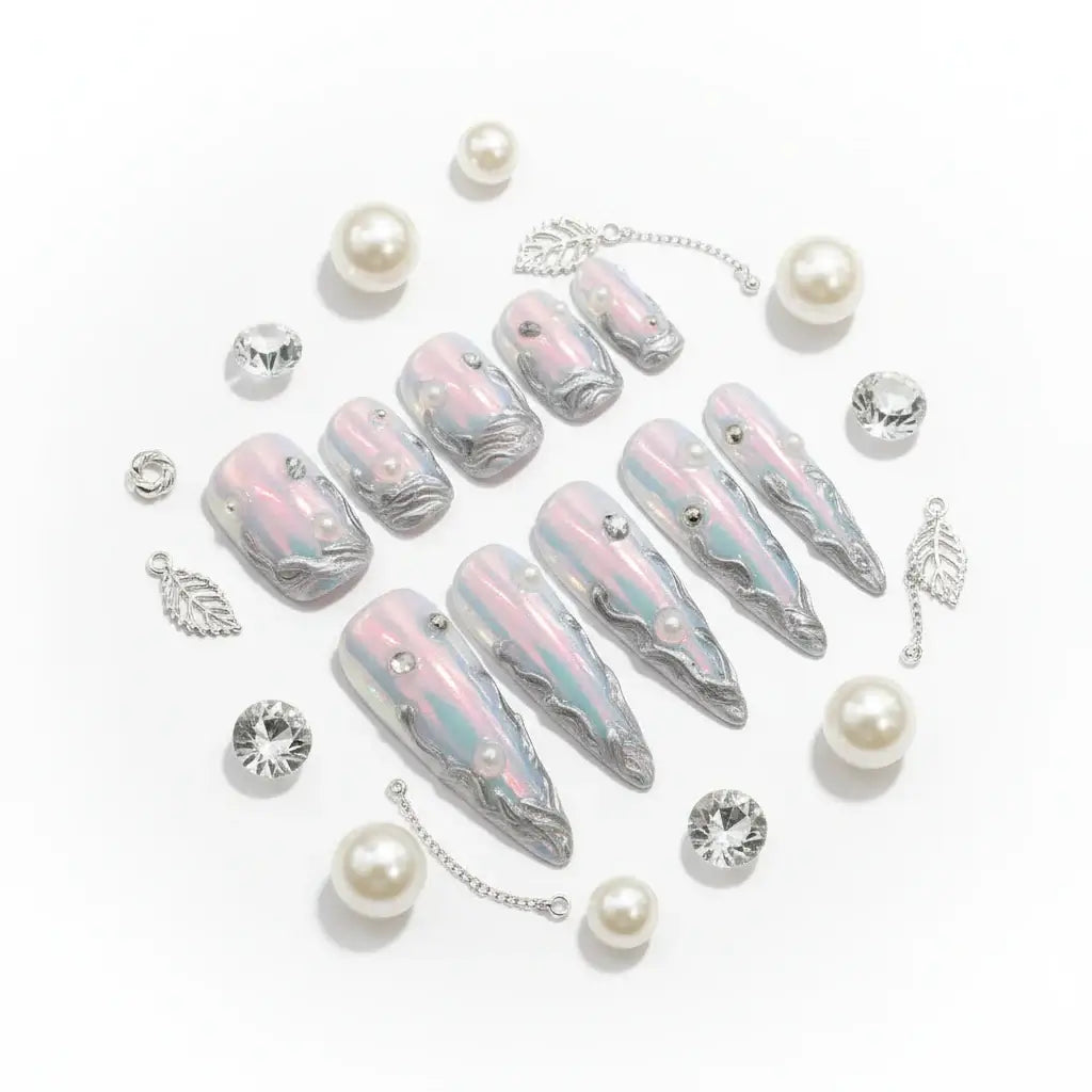 Silver Aurora Long Stiletto Fake Nails Metal Edge Design Punk Style Handmade