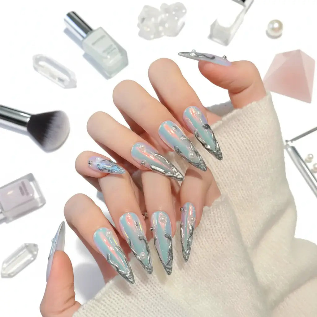 Silver Aurora Long Stiletto Fake Nails Metal Edge Design Punk Style Handmade