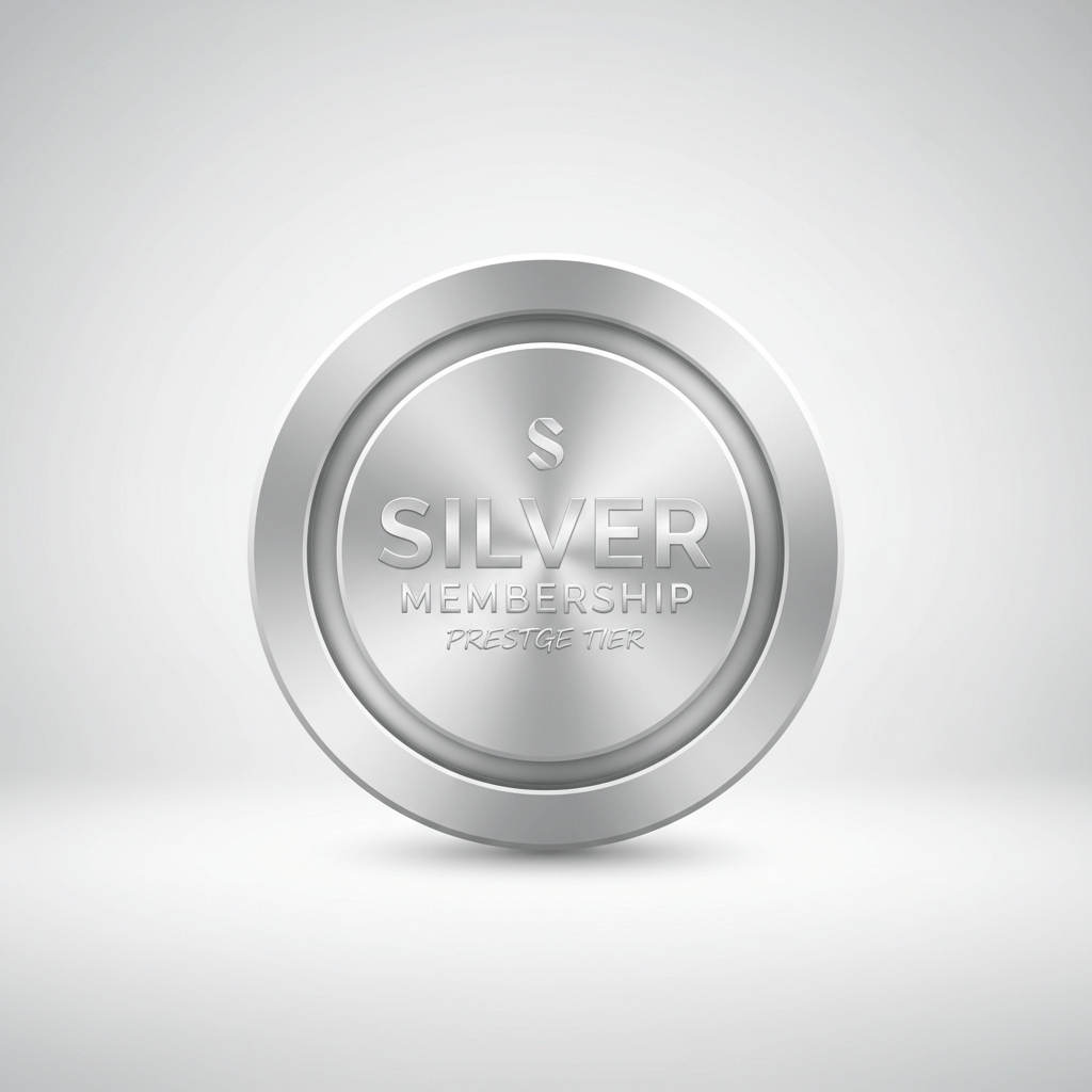 A premium Silver Membership product image, modern branding style, metallic silver theme, minimal and clean design, studio lighting, soft reflections, elegant typography, membership card or badge concept, luxury yet simple look, white or light gradient background, high-end SaaS subscription branding, sharp focus, professional e-commerce product image, no text clutter, 1024x1024