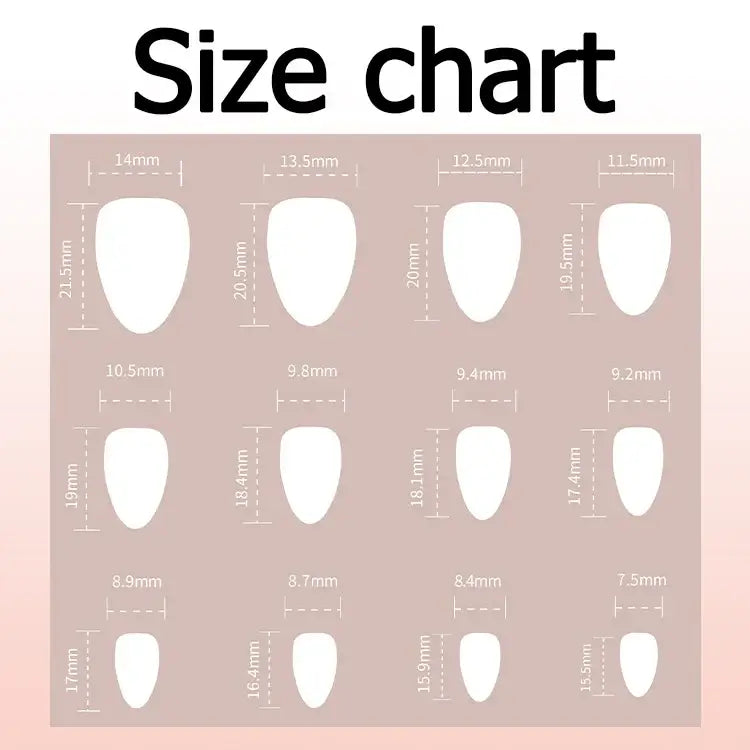 Hadi Craft USA Strawberry White French Almond Press-On Nails – 24PCS size chart, ABS nails, almond style