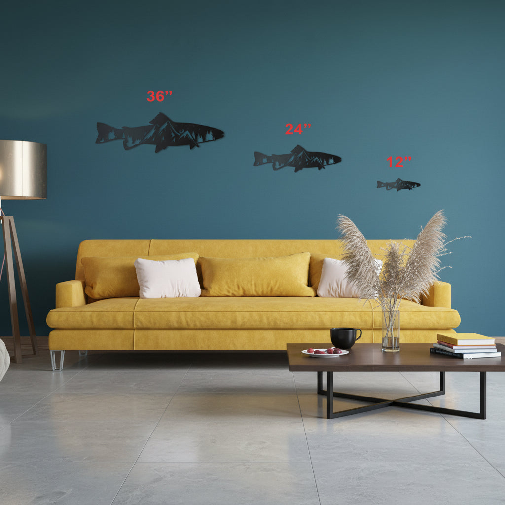Custom Metal Trout Mountain Wall Art | Outdoor Nature Landscape Sign | 12–46" | 14 Color Options