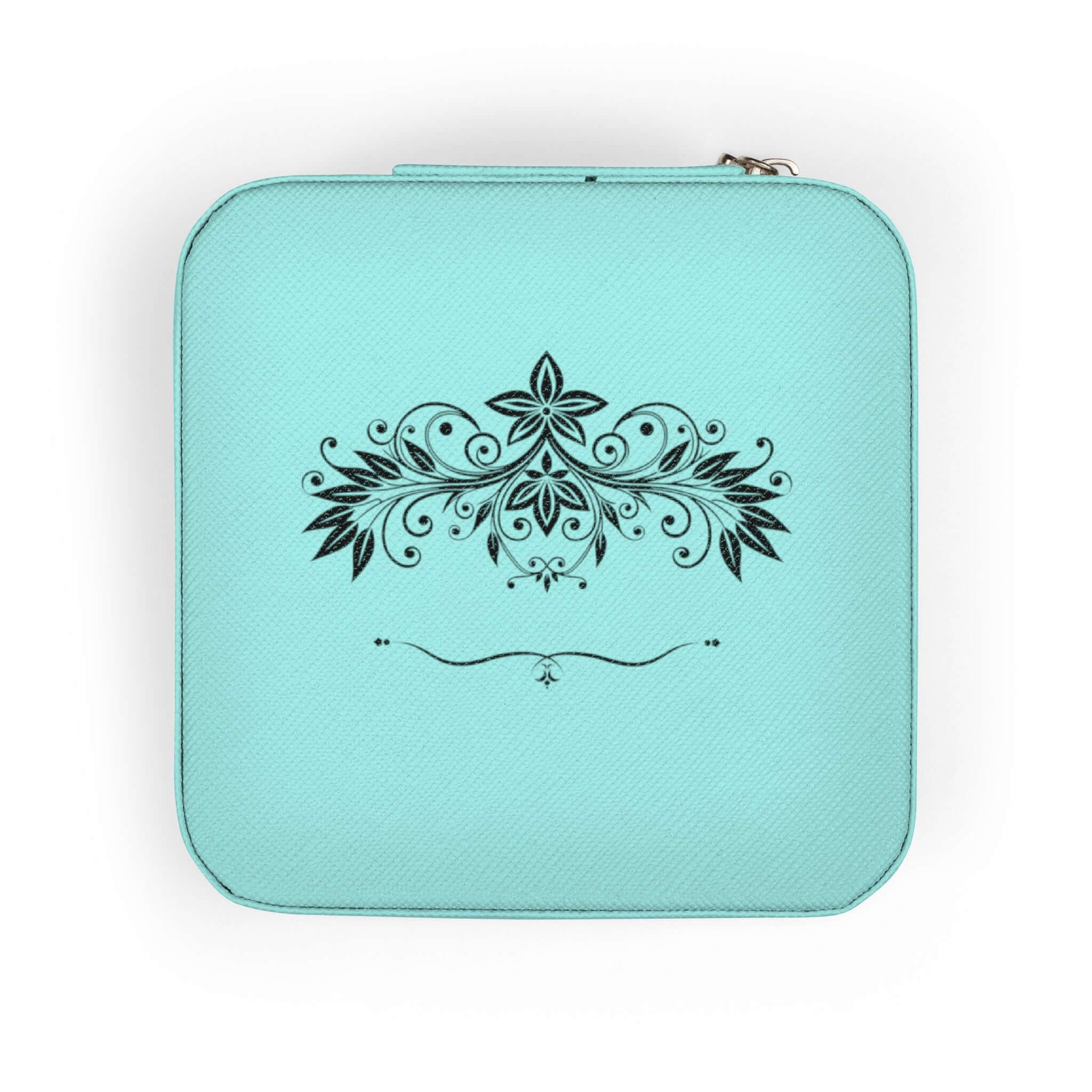 Compact pink jewelry travel organizer with elegant floral design for storing rings, earrings, and necklaces.