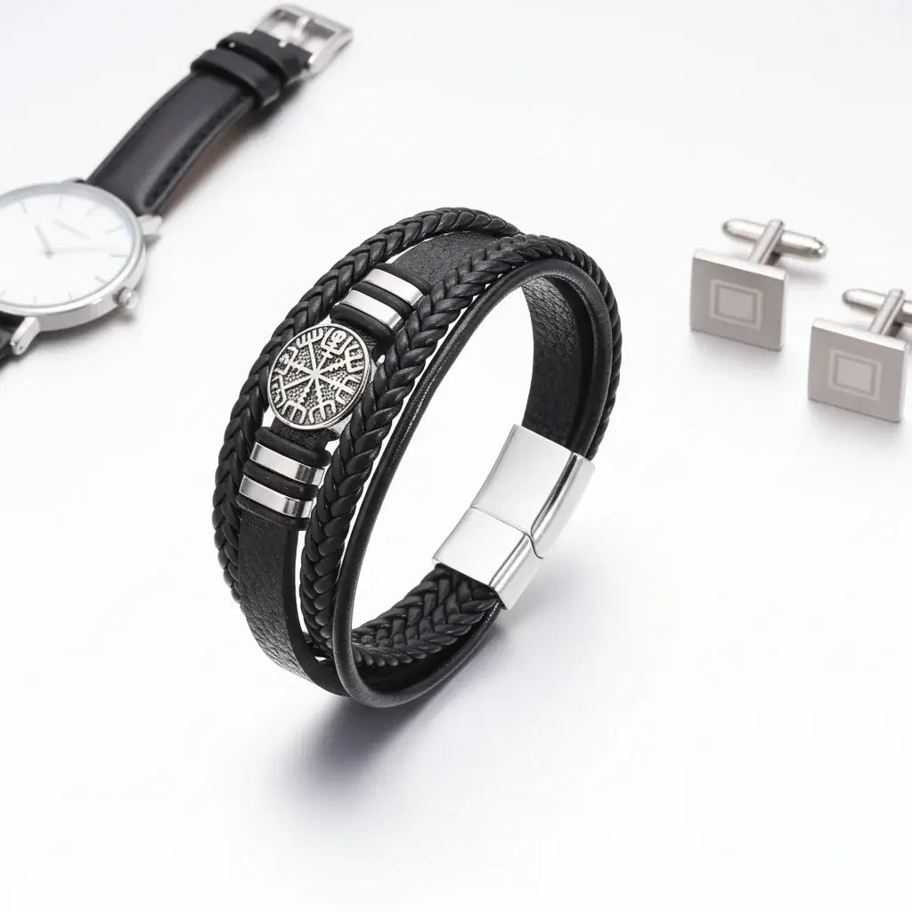 viking leather bracelet for men Nordic Magnetic Clasp Bracelet for Men - Hadi Craft