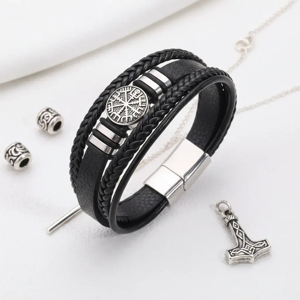 viking leather bracelet for men Nordic Magnetic Clasp Bracelet for Men - Hadi Craft