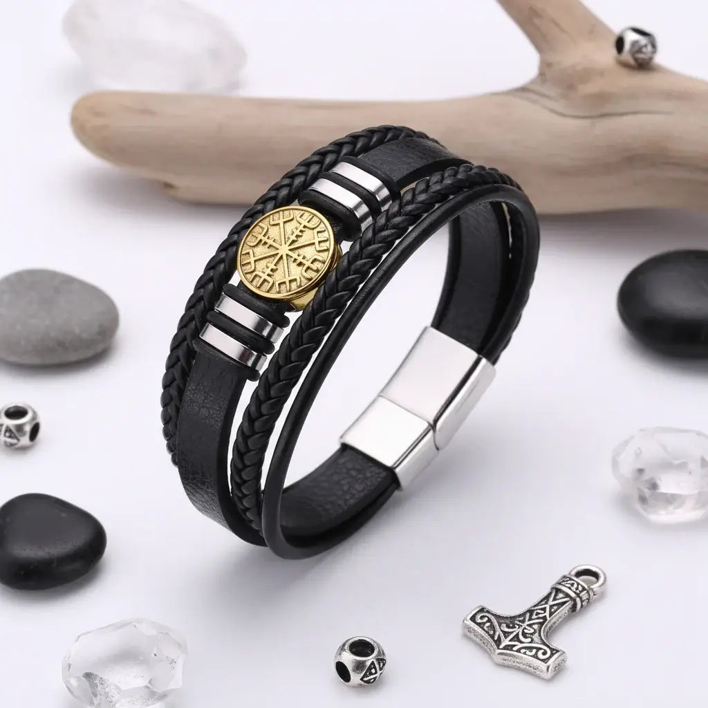 viking leather bracelet for men Nordic Magnetic Clasp Bracelet for Men - Hadi Craft