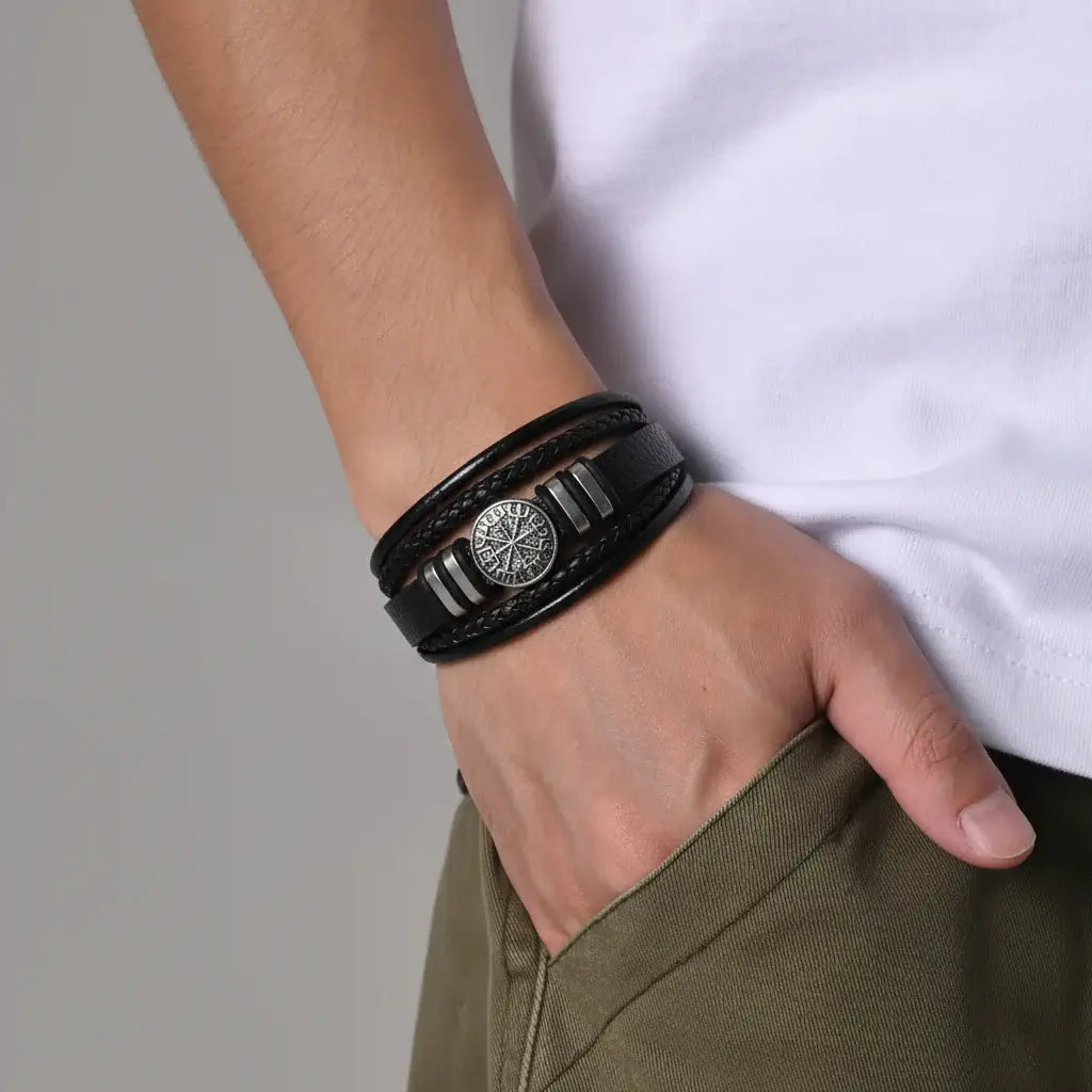 viking leather bracelet for men Nordic Magnetic Clasp Bracelet for Men - Hadi Craft