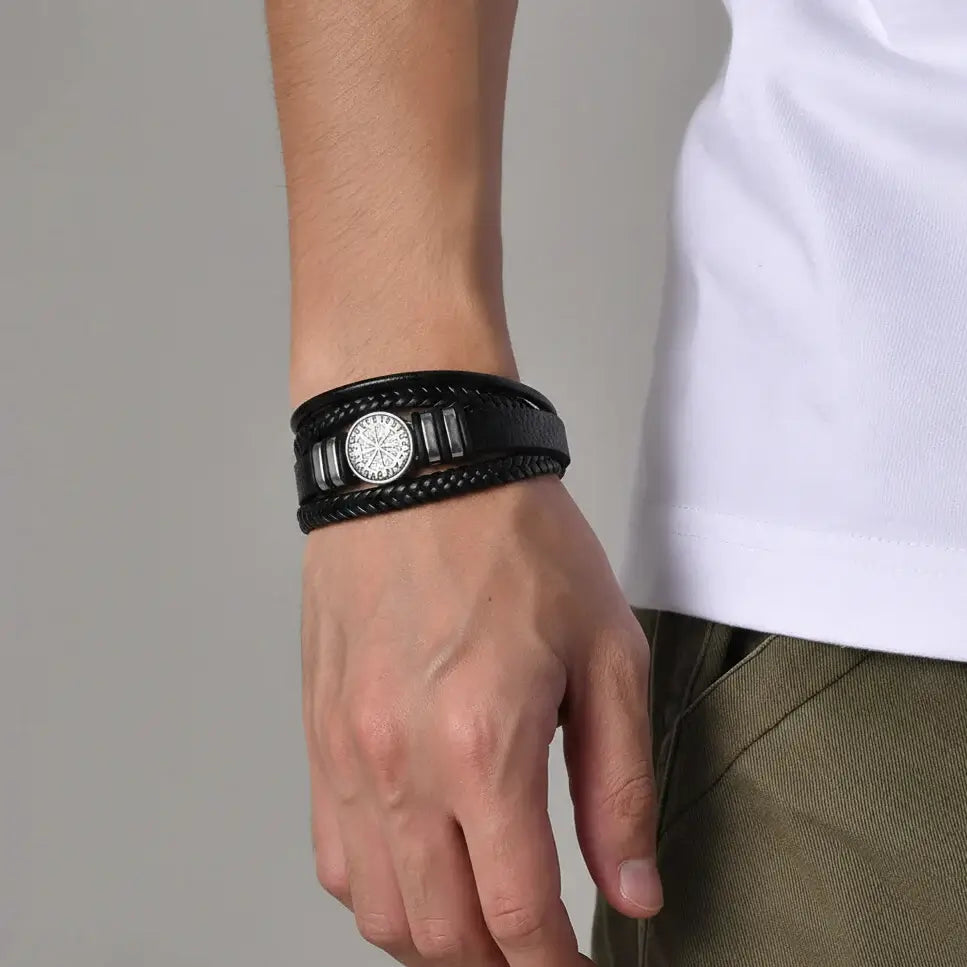 viking leather bracelet for men Nordic Magnetic Clasp Bracelet for Men - Hadi Craft