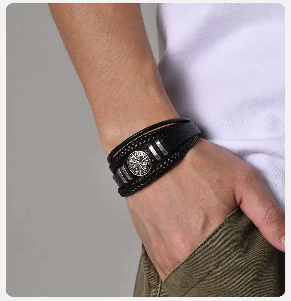 viking leather bracelet for men Nordic Magnetic Clasp Bracelet for Men - Hadi Craft