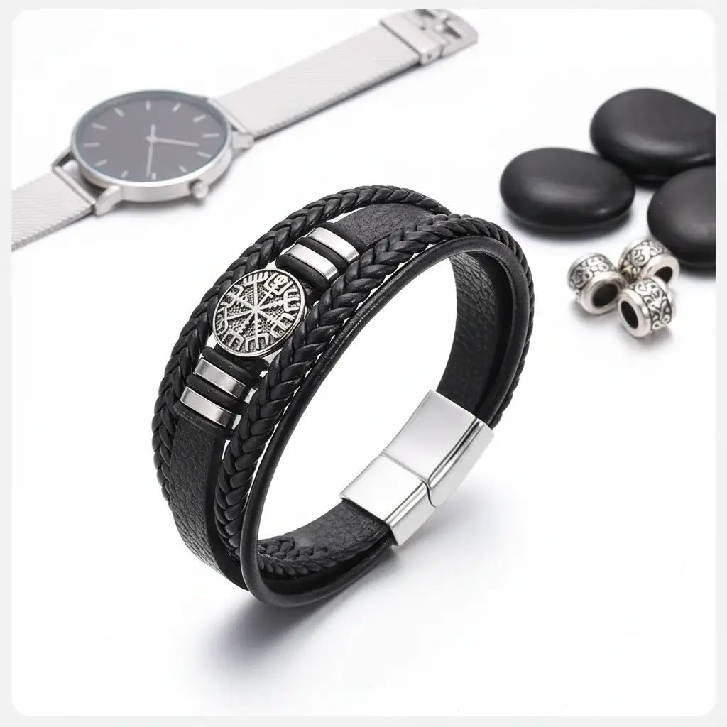 viking leather bracelet for men Nordic Magnetic Clasp Bracelet for Men - Hadi Craft