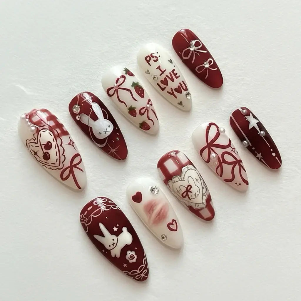 Hadi Craft USA Wine Red Almond Press-On Nails with Rabbit & Bow Design 24 Pieces, plastic false nails, cute rabbit nail art